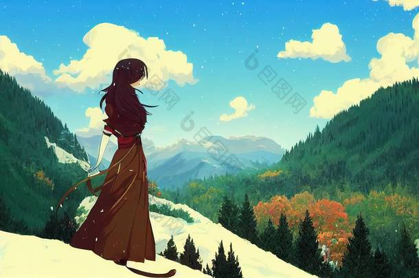美丽的喀尔巴阡山脉漂亮女孩动漫风格卡通风格卡通风格