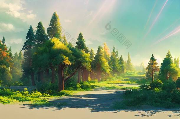 一望无际的一望无际的青翠落叶森林，阳光透过树叶、动画风格、风格、图腾投射出它的光芒,