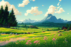 山野草甸在夏季风景，动漫风格，绘画