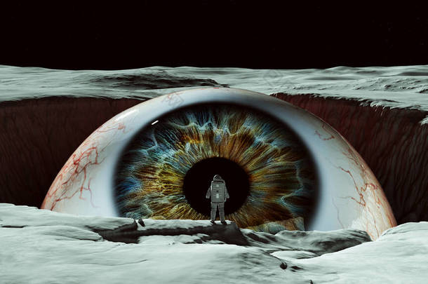 与宇航员太空人一起看月球的巨大的眼棒球太空人月球景观陨石坑星际科幻3D图解