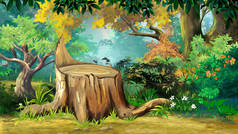 落叶森林里的老树桩数码绘画背景、图解.