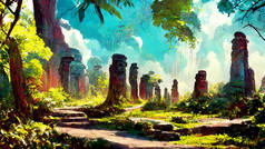 森林玛雅风格的古代文化3D插图