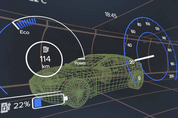 黑色背景下数字汽车上汽车界面的组成.全球技术、运输和数字接口概念数字生成的图像.