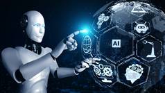 人工智能人形机器人触摸全息图屏幕，通过机器学习过程，运用人工智能思维展示了全球通信网络的概念。3D渲染计算机图形.