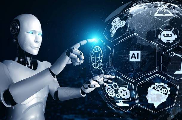 人工智能人形机器人触摸全息图屏幕，通过机器<strong>学习过程</strong>，运用人工智能思维展示了全球通信网络的概念。3D渲染计算机图形.