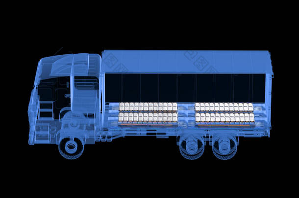 3D渲染X-光ev后勤拖车或<strong>电动车</strong>卡车，带有在黑色<strong>背景</strong>上隔离的电池组组件