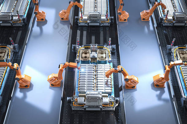 带电动汽车电池模块的3D渲染机器人装配线自动化汽车制造厂<strong>构想</strong>