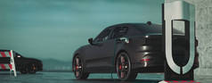 黑色电动汽车豪华，在电动汽车停车场环保能源，3D渲染和说明