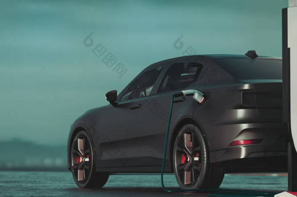 黑色电动汽车豪华，在电动汽车停车场环保能源，3D渲染和说明