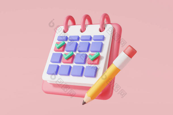 3D渲染插图日历图标与铅笔粉红色背景。日历赋值图标。假日、活动、日期、备注、年月日、时间约定。规划概念。漫画简约风格