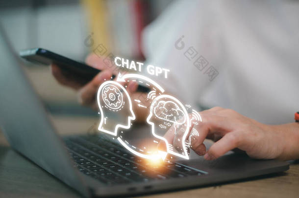 用人工智能或人工智能聊天聊天。使用OpenAI开发的人工智能聊天机器人与智能人工智能或人工智能聊天的女人.