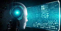 人形人工智能机器人利用人工智能的机器学习过程，从数学计算和科学方程分析的角度对全息图屏幕进行研究。3D渲染.