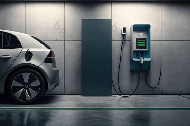 一辆汽车插在充电站，旁边有一个绿色的面板，使人们对<strong>未来充满</strong>恐惧
