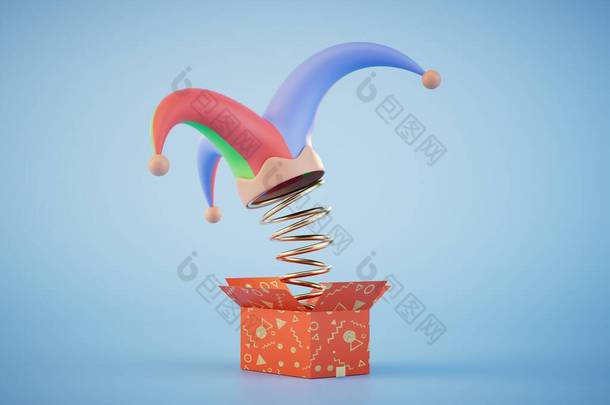 <strong>愚人</strong>节庆祝活动的概念。装有弹簧的盒子，上面有小丑的帽子。3D渲染.