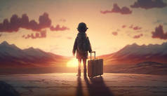 带着手提箱，梦想冒险的旅行孩子。旅行的概念