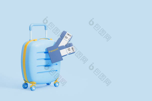 蓝色<strong>卡通行李箱</strong>，有护照和登机牌，空白的复制空间蓝色背景。度假,网上订票和旅游的概念.3D渲染说明