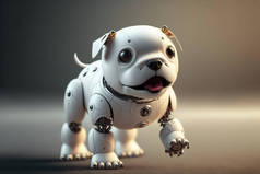 可爱的机器人小狗在空旷的背景。白色快乐的小狗机器人。以人工智能为动力的未来宠物助手