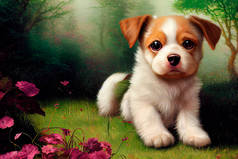 动画片中的动物角色可爱的感情小狗。绿色背景，森林里开着花。广告、漫画、游戏、印刷媒体说明.