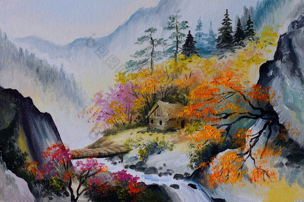 油画-景观的山，在山上的房子