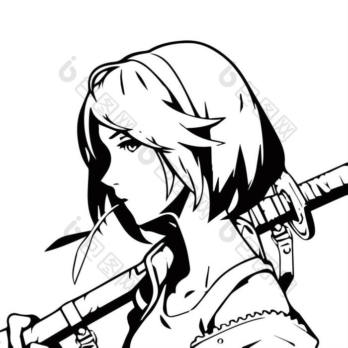 阿佐木女孩与剑漫画艺术品黑白线条艺术动漫图片-包图网企业站