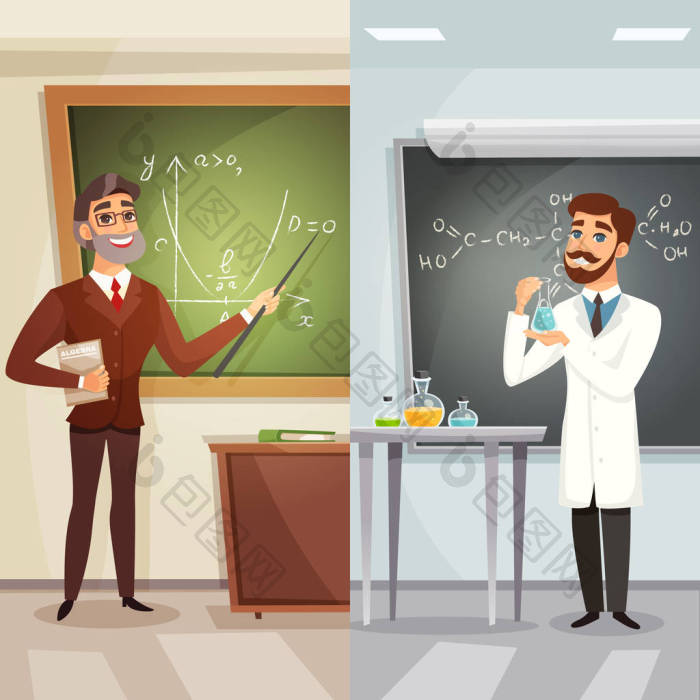 学校的功课动漫与教师的数学和化学平面样式图片-包图网企业站
