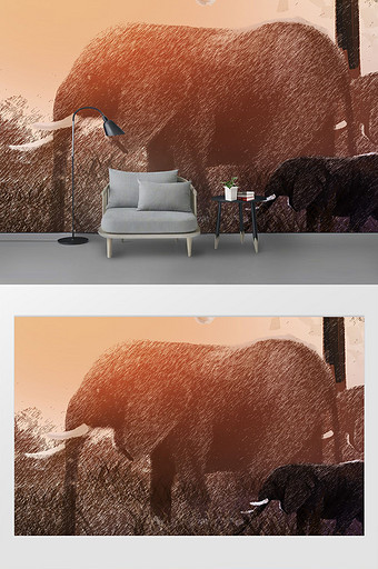 现代金色铁艺富贵大象动物背景墙图片