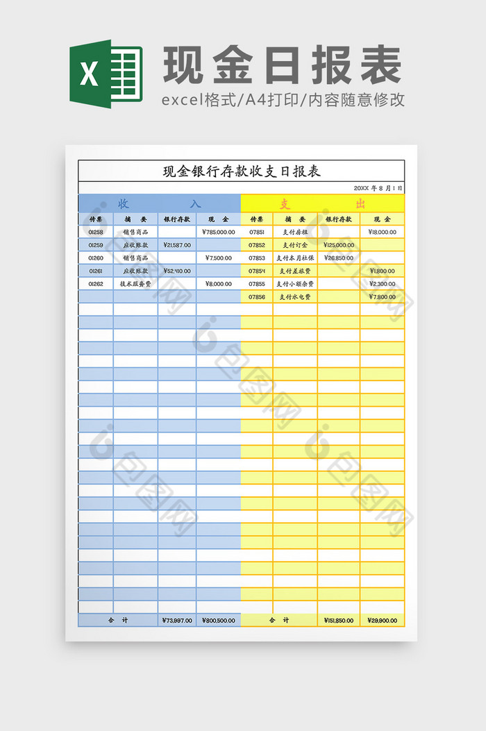 現金銀行存款收支日報表excel模板