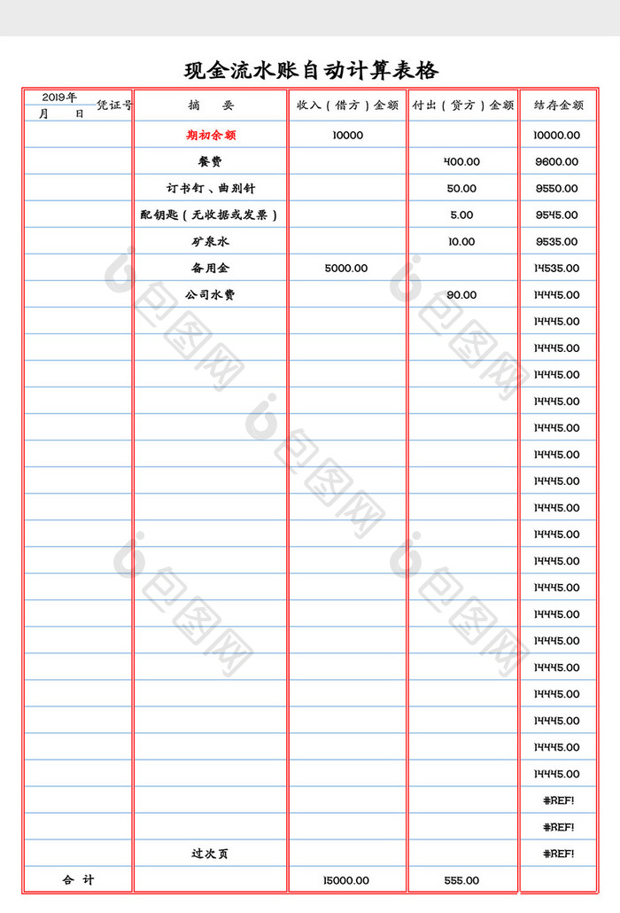 现金流水自动计算表Excel模板