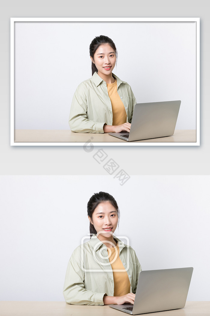 女生使用电脑打字摄影图片