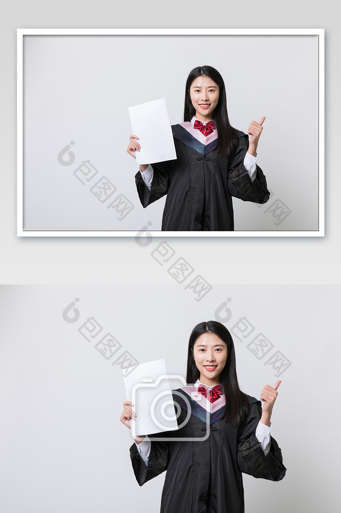 女毕业生穿学士服竖大拇指点赞摄影图片