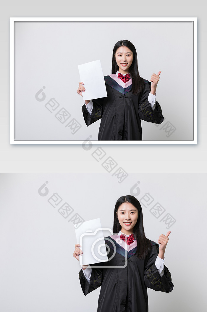 女毕业生穿学士服竖大拇指点赞摄影图片图片