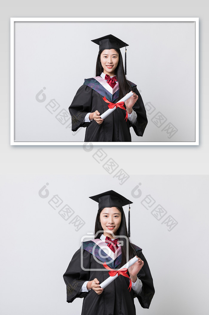 女生毕业手持证书学士服个人照摄影图片图片