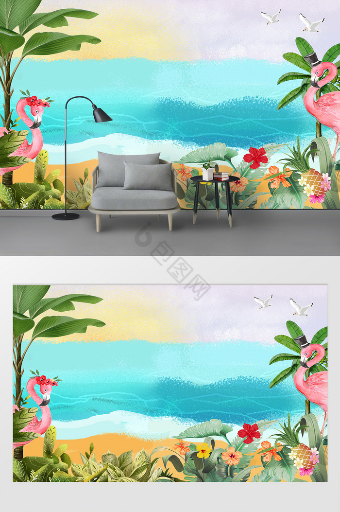 热带沙滩火烈鸟海蓝背景墙图片