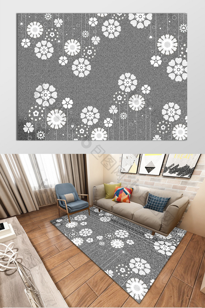 北欧风清新灰白色花朵印花图案纹理地毯