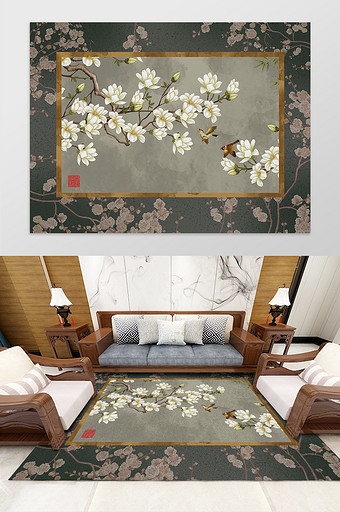 中式复古花鸟客厅卧室酒店地毯图案图片