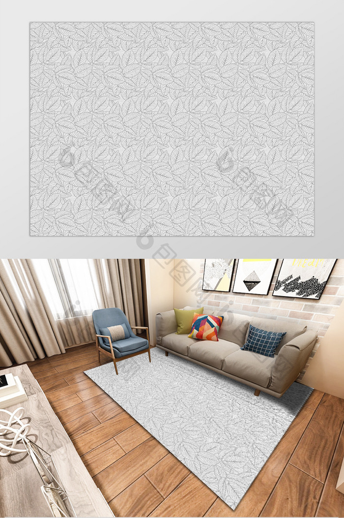 极简北欧风灰色树叶纹理印花图案地毯