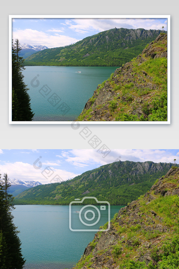 蓝天山间湖水游艇风景摄影图片图片