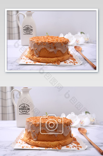 橙色爆浆蛋糕麦片大理石背景美食摄影图片