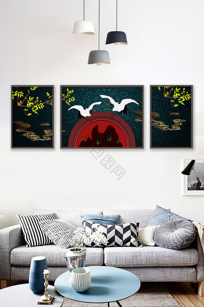 国潮太阳飞鸟仙鹤植物艺术装饰画素材图片