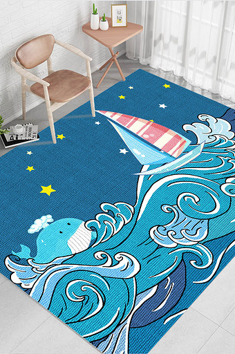 现代北欧简约卡通波浪帆船鲸鱼星空地毯图案图片