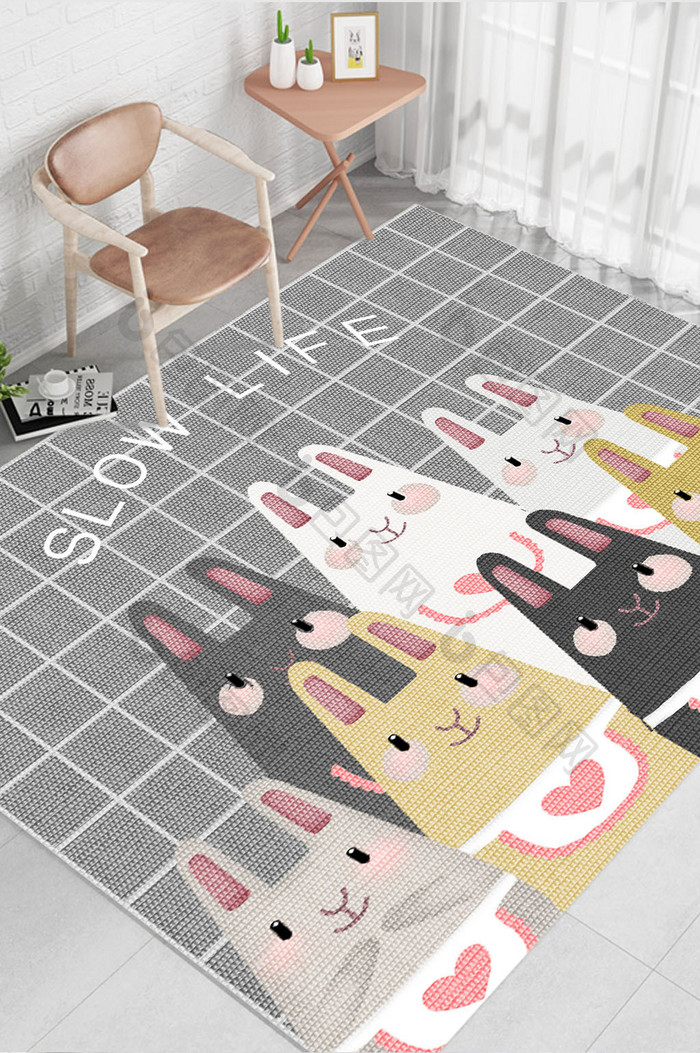 现代北欧简约卡通兔兔可爱质感地毯图案