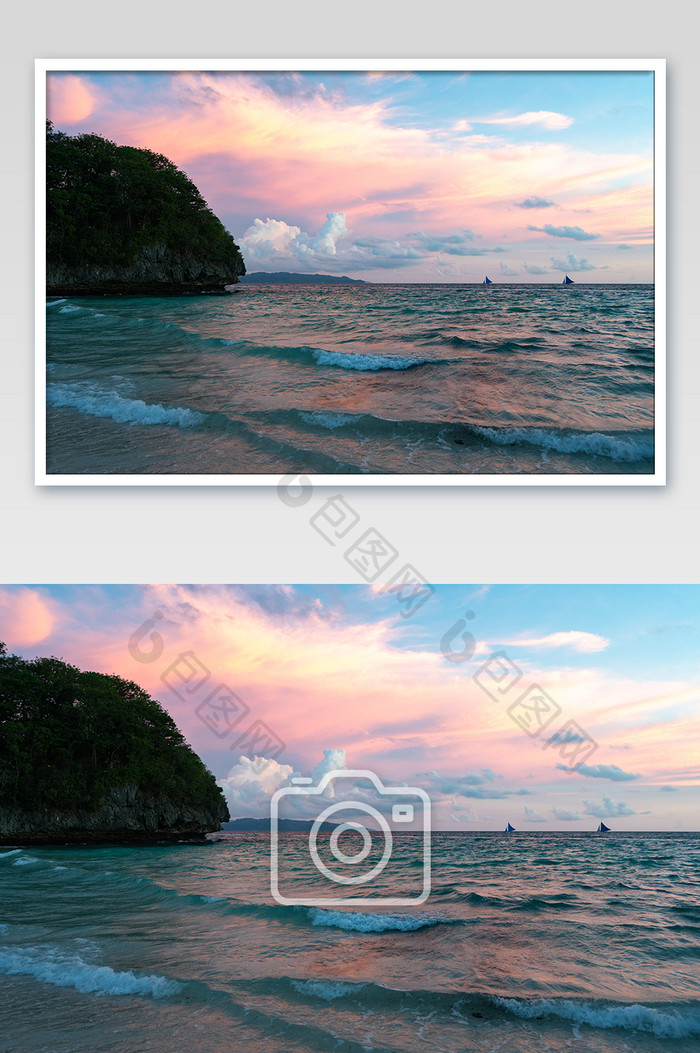 长滩岛粉色日落火烧云帆船风光摄影图