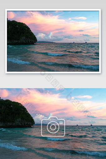 长滩岛粉色日落火烧云帆船风光摄影图图片