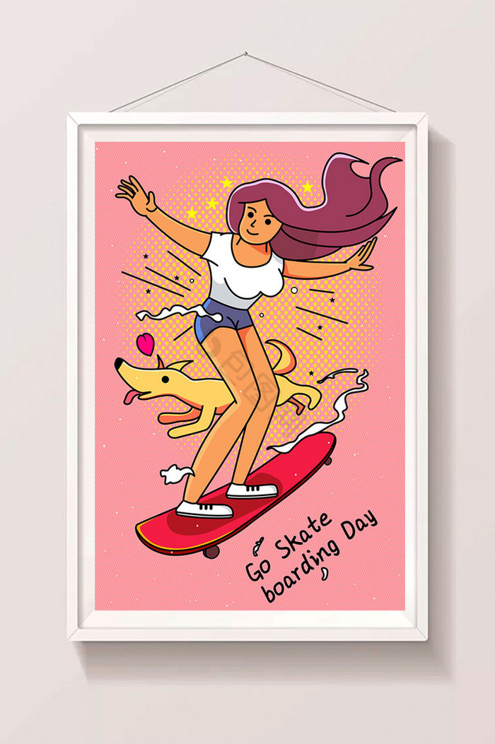 女生滑板插画图片