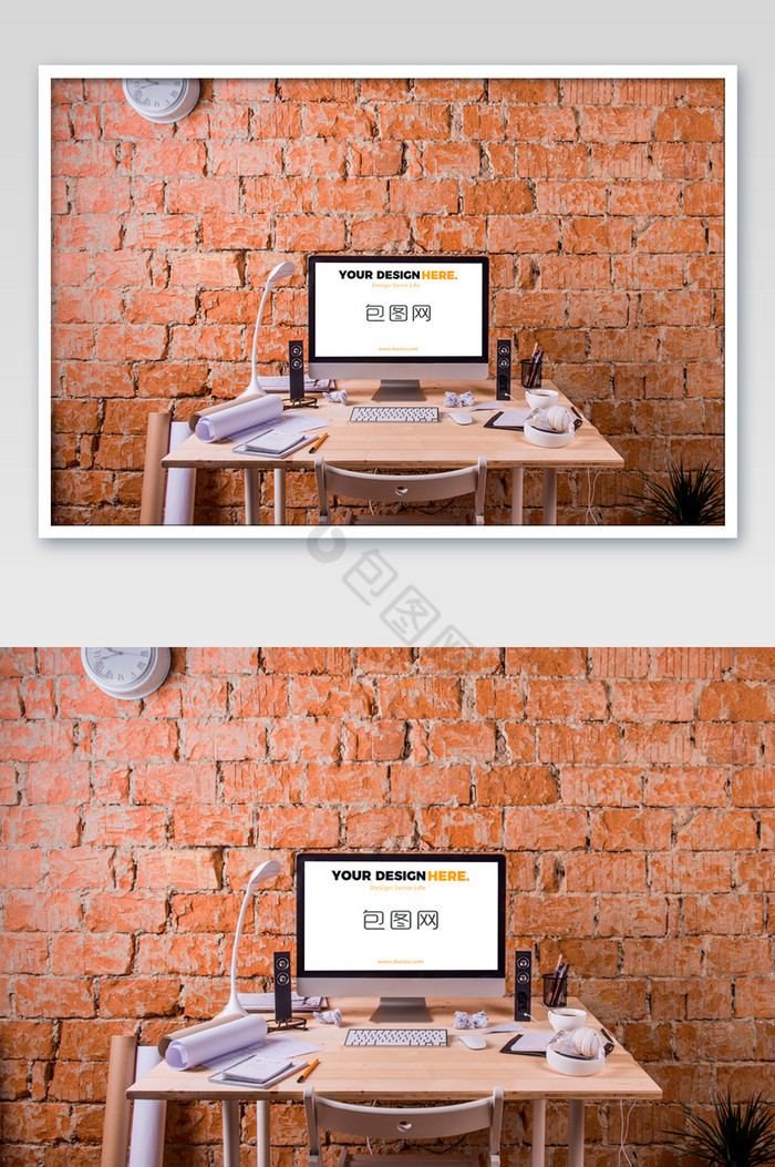 砖头墙办公桌苹果台式机显示屏图片