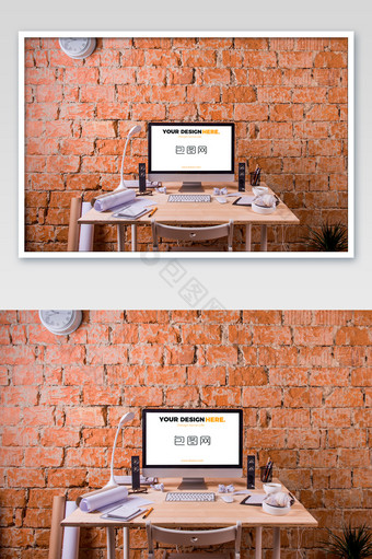 砖头墙办公桌苹果台式机显示屏海报样机图片