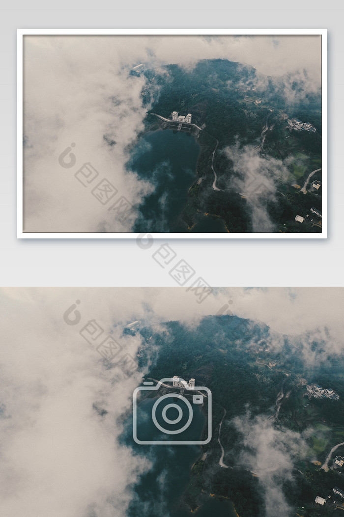 云雾缭绕的山谷水库航拍摄影图片图片