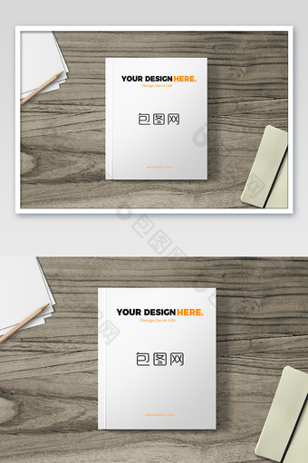 复古办公环境木桌底纹广告画册杂志封面样机图片