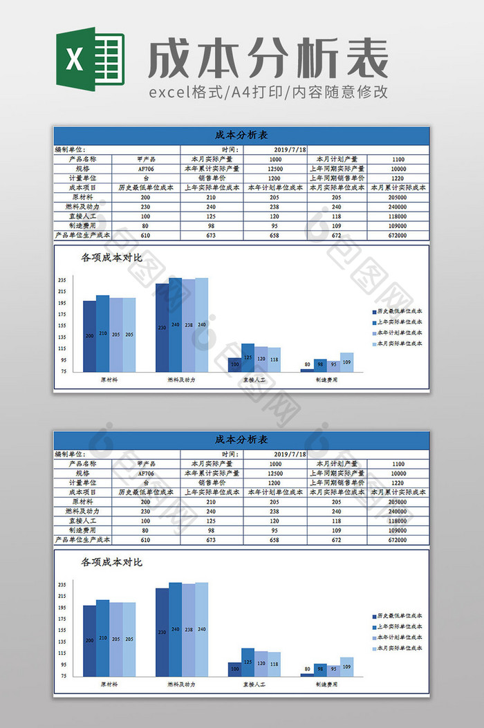 蓝色成本分析表excel模板