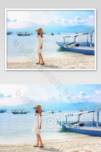 小白裙美女背影沙滩海岛图片